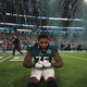 Vinny Curry, No. 75 of the Philadelphia Eagles, celebrates after defeating the New England Patriots 41-33 in Super Bowl LII at U.S. Bank Stadium on Feb. 4, 2018, in Minneapolis.